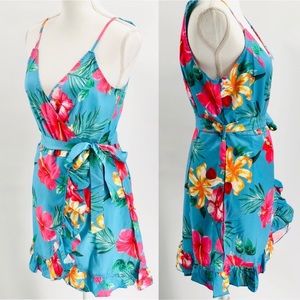 CBR Tropical Hawaiian Floral Faux Wrap Dress